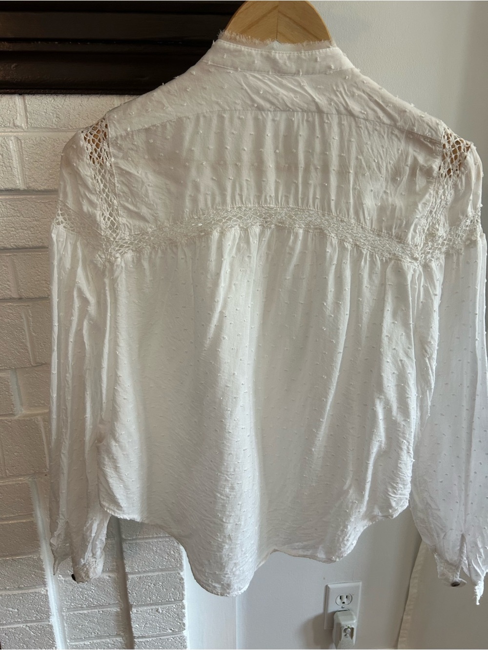 Free People White Swiss Dot Crochet Trim Button-Front Blouse - Picture 6 of 9